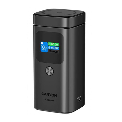 Външна батерия CANYON OnPower 150, 15000 mAh, Qi2, магнитна, алуминиева, Dark grey
