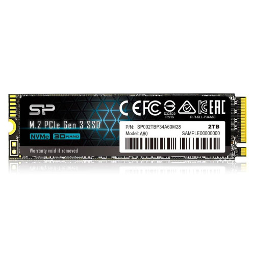 Вътрешен SSD диск Silicon Power Ace A60, 2 TB, PCIe 3.0 x4, NVMe 1.3, SLC Cache, HMB, до 2200 MB/s четене, до 1600 MB/s запис
