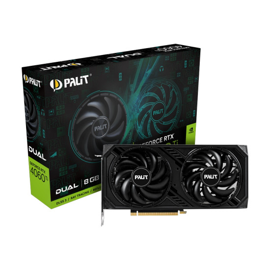 Видеокарта Palit GeForce RTX 4060Ti Dual, 8GB GDDR6, 128-bit, 1x HDMI 2.1, 3x DP 1.4a, 1x 8-pin