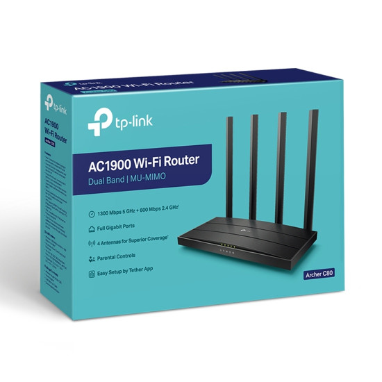 Рутер TP-Link Archer C80, AC1900, 1300 Mbps (5GHz) / 600 Mbps (2.4GHz), 4 антени