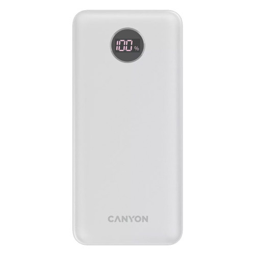 Външна батерия Canyon PB-2002, 20000 mAh, LED дисплей, USB-C PD 20W, 2 x USB-A QC 3.0, White