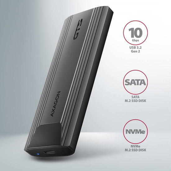 Външна кутия за диск AXAGON EEM2-GTS2, USB-C, 10Gbps, M.2 NVMe & SATA SSD Thin, Screwless