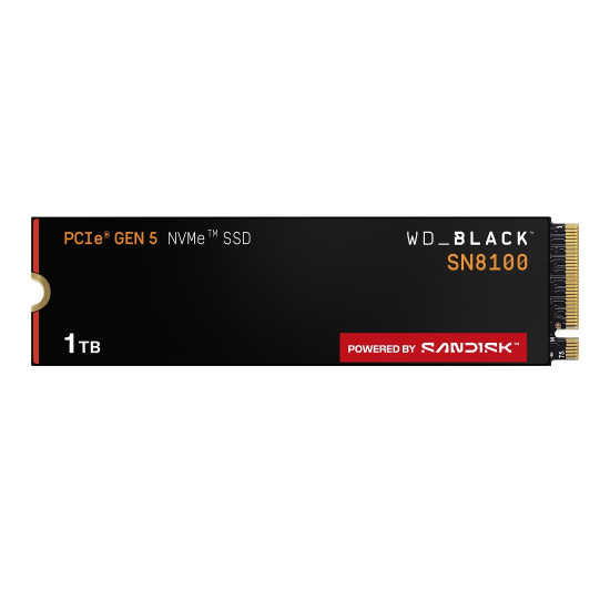 Вътрешен SSD диск Western Digital SN8100, 1 TB, M.2 2280, PCIe 5.0 x4 NVMe, до 14900 MB/s четене, до 11000 MB/s запис, 1600K/2400K IOPS, 600 TBW, Black