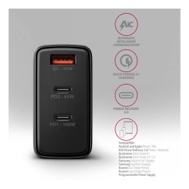 Зарядно AXAGON ACU-DPQ100 GaN Wall charger, Black