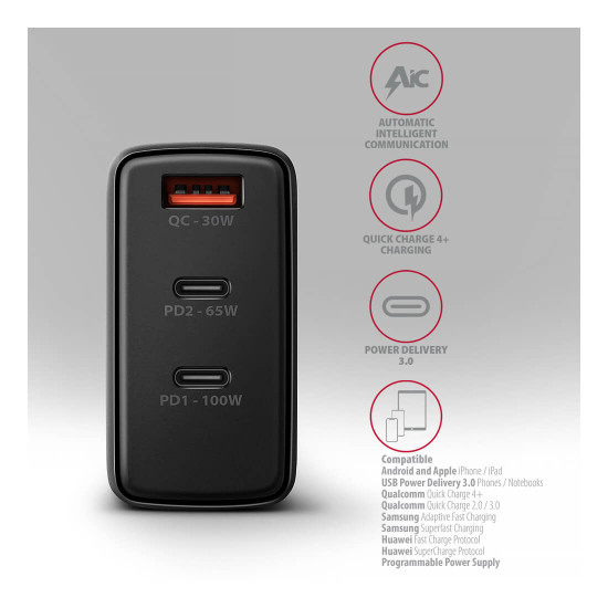 Зарядно AXAGON ACU-DPQ100 GaN Wall charger, Black