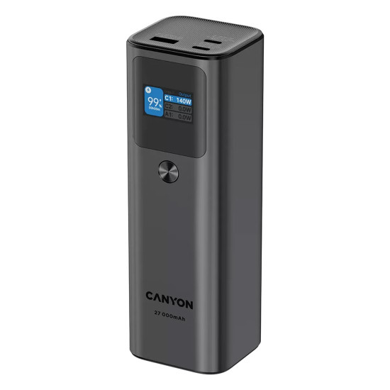 Външна батерия Canyon PB-2010, 27000 mAh, 97.2Wh, TFT дисплей, USB-C PD 140W, USB-A QC 3.0, Dark Grey