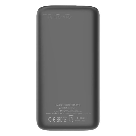 Външна батерия Canyon PB-301, 30000 mAh, LED дисплей, USB-C PD 20W, 2 x USB-A QC 3.0, Black