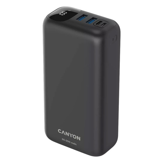 Външна батерия Canyon PB-301, 30000 mAh, LED дисплей, USB-C PD 20W, 2 x USB-A QC 3.0, Black