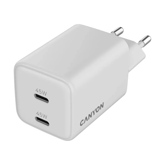 Зарядно CANYON CU45CC GaN, 45W, 2xPD, EU, White