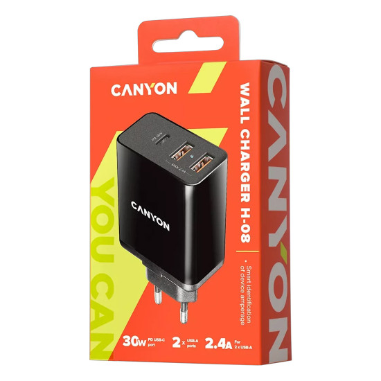 Зарядно CANYON H-08 PD, 30W, USB-C, 2xUSB-A, Black