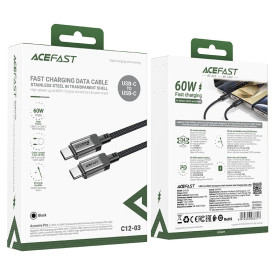 USB кабел Acefast USB-C to USB-C Cable 60W Stainless steel in transparent shell 1.2m - C12-03 - Black