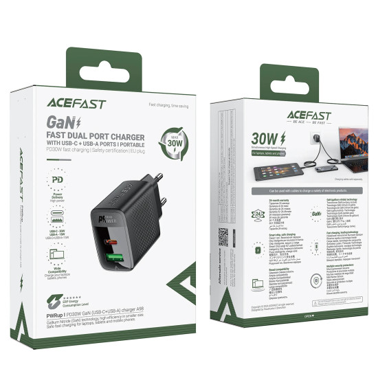 Зарядно Acefast Charger Wall GaN PD 30W - A98 - USB-C x 1, USB-A x 1, Black