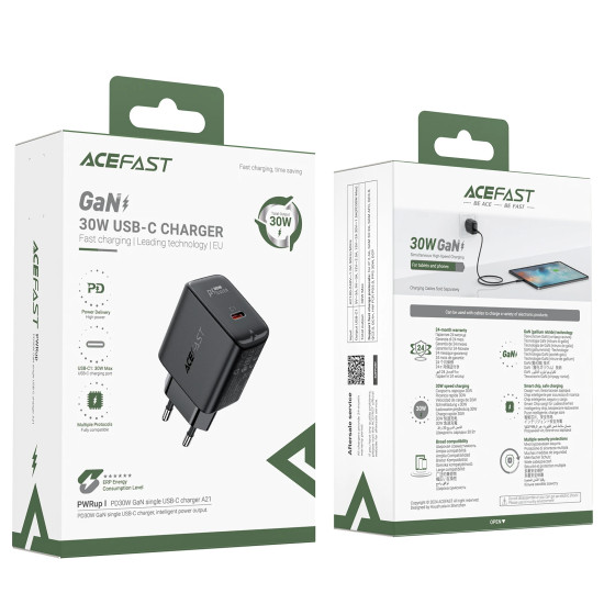 Зарядно Acefast GaN PD30W - A21 - USB-C x 1, Black