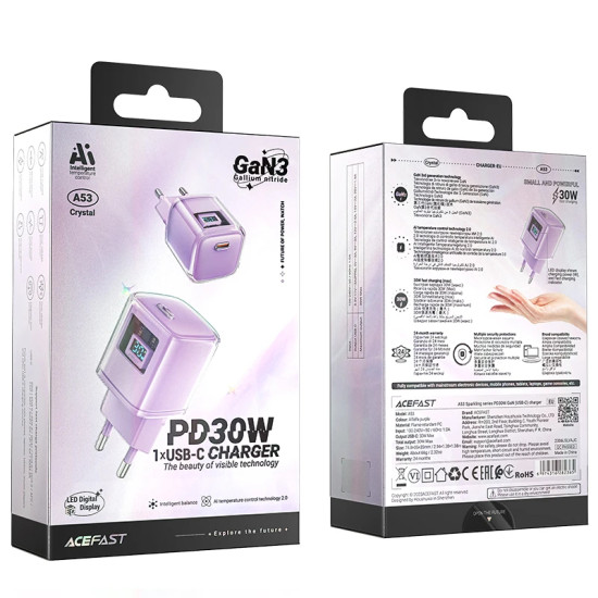 Зарядно Acefast Charger Wall GaN PD30W - A53 - USB-C x 1, Purple