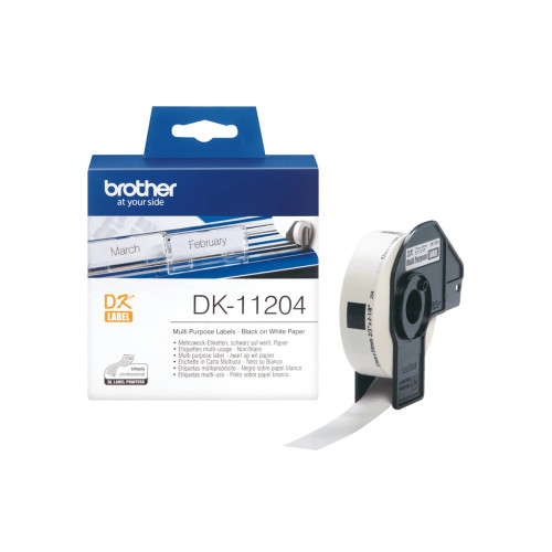 Етикети Brother DK-11204 - Multi Purpose Labels, 17mmx54mm, 400 labels per roll, Black on White - DK-11204