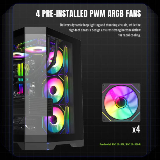 Кутия за компютър GameMax HYPE-A BK, Mid-Tower ATX, Tempered Glass, ARGB, Black