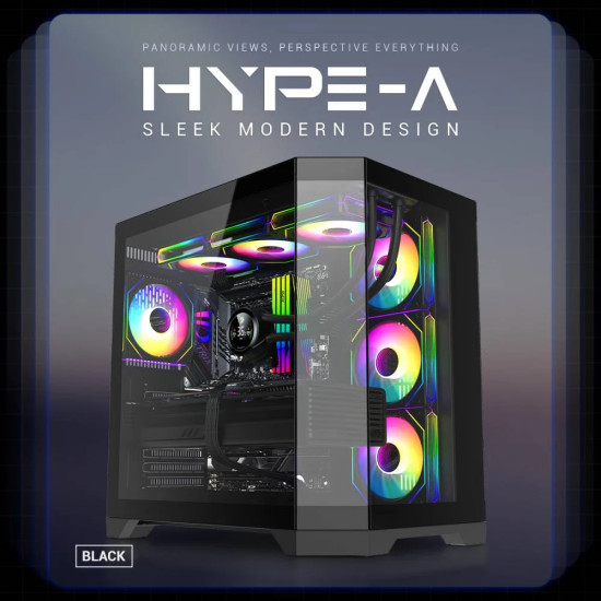 Кутия за компютър GameMax HYPE-A BK, Mid-Tower ATX, Tempered Glass, ARGB, Black