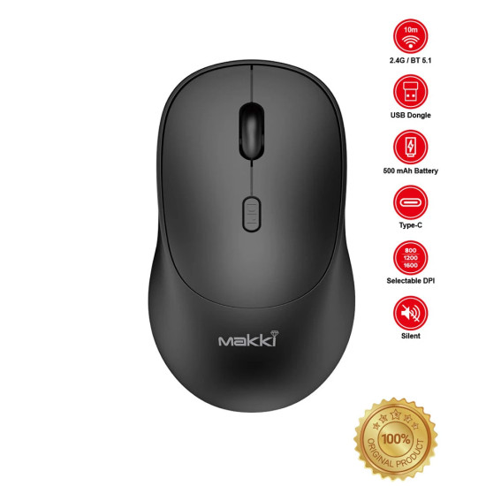 Безжична мишка Makki Wireless Mouse MAKKI-MSX-2401 - USB-C, Silent, 1600dpi, 2.4G, Bluetooth, Rechargeable