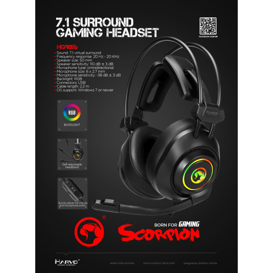 Слушалки Marvo Gaming Headphones HG9056 - 7.1 RGB USB - MARVO-HG9056