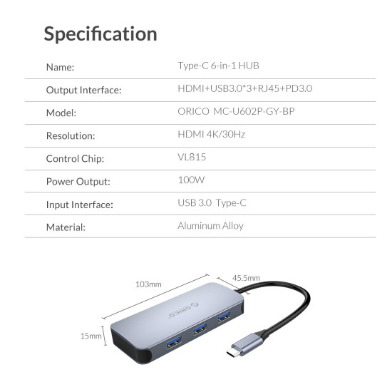 Докинг станция Orico Docking Station Type-C Power Distribution 3.0 100W - LAN, HDMI, Type-C x 1, USB3.0 x 3 - MC-U602P