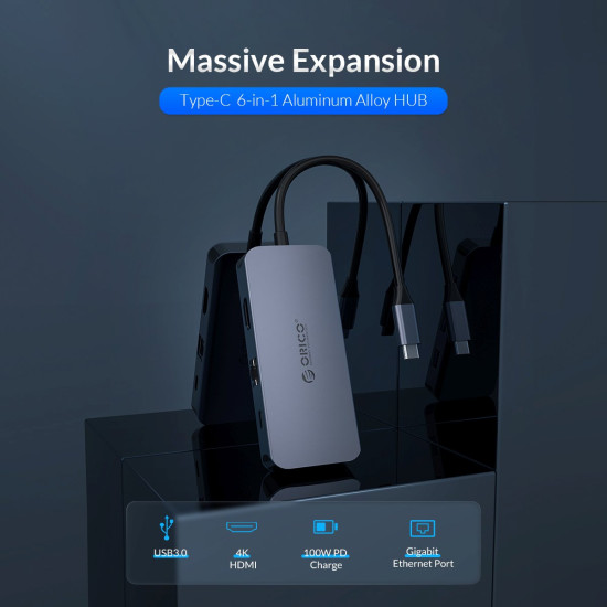 Докинг станция Orico Docking Station Type-C Power Distribution 3.0 100W - LAN, HDMI, Type-C x 1, USB3.0 x 3 - MC-U602P