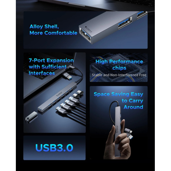 USB хъб Orico HUB USB-C 5 port - USB3.0 x 1, USB2.0 x 2, USB-C x 2, Aluminium - YSA4-U2-GY