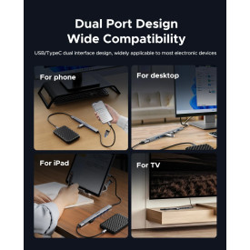 USB хъб Orico HUB USB-C 5 port - USB3.0 x 1, USB2.0 x 2, USB-C x 2, Aluminium - YSA4-U2-GY