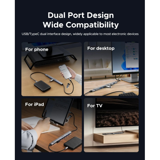 USB хъб Orico HUB USB-C 5 port - USB3.0 x 1, USB2.0 x 2, USB-C x 2, Aluminium - YSA4-U2-GY