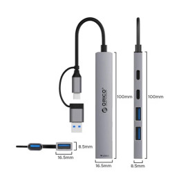 USB хъб Orico HUB USB-C 5 port - USB3.0 x 1, USB2.0 x 2, USB-C x 2, Aluminium - YSA4-U2-GY