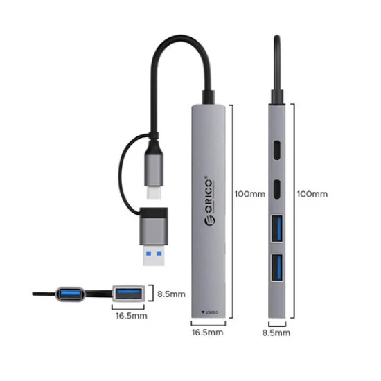 USB хъб Orico HUB USB-C 5 port - USB3.0 x 1, USB2.0 x 2, USB-C x 2, Aluminium - YSA4-U2-GY