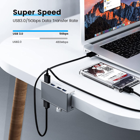 USB хъб Orico USB 3.0 HUB Clip Type 4 port - aux Micro-USB power input, Aluminum - MH4PU-P-SV