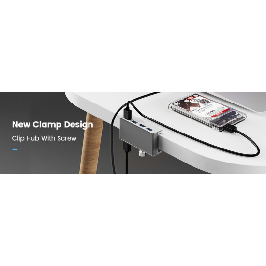 USB хъб Orico USB 3.0 HUB Clip Type 4 port - aux Micro-USB power input, Aluminum - MH4PU-P-SV
