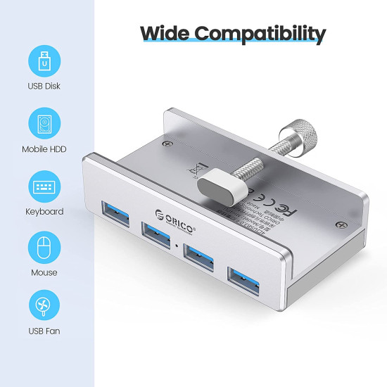 USB хъб Orico USB 3.0 HUB Clip Type 4 port - aux Micro-USB power input, Aluminum - MH4PU-P-SV