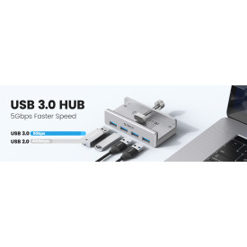 USB хъб Orico USB 3.0 HUB Clip Type 4 port - aux Micro-USB power input, Aluminum - MH4PU-P-SV