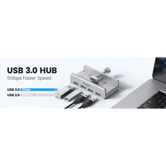USB хъб Orico USB 3.0 HUB Clip Type 4 port - aux Micro-USB power input, Aluminum - MH4PU-P-SV