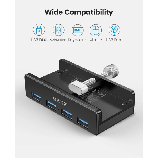 USB хъб Orico USB 3.0 HUB Clip Type 4 port - aux Micro-USB power input, Black - MH4PU-P-BK