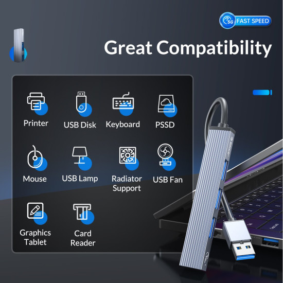 USB хъб Orico USB3.0/2.0 HUB 4 port, Aluminum - AH-A13-GY
