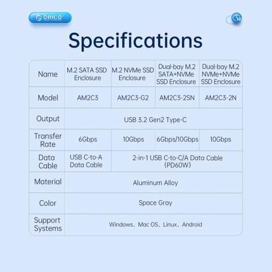 Външна кутия за диск Orico Storage - Case - M.2 NVMe M-key 10 Gbps, Aluminium - AM2C3-G2-GY