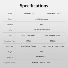 Външна кутия за диск Orico Storage - Case - M.2 NVMe M-key 10 Gbps Space Gray - MM2C3-G2-GY