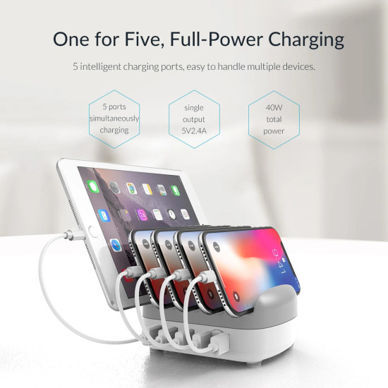 Зарядна станция Orico Charger Station, 220V, 5 x USB, 40W, Бяло, DUK-5P-EU-WH