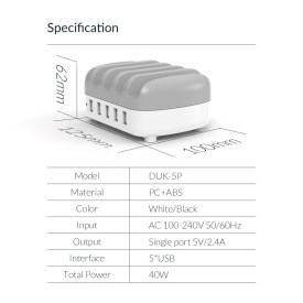 Зарядна станция Orico Charger Station, 220V, 5 x USB, 40W, Бяло, DUK-5P-EU-WH