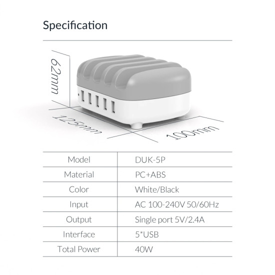 Зарядна станция Orico Charger Station, 220V, 5 x USB, 40W, Бяло, DUK-5P-EU-WH