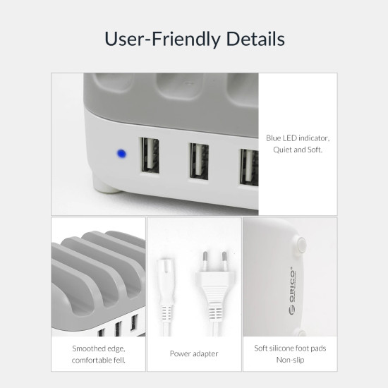 Зарядна станция Orico Charger Station, 220V, 5 x USB, 40W, Бяло, DUK-5P-EU-WH