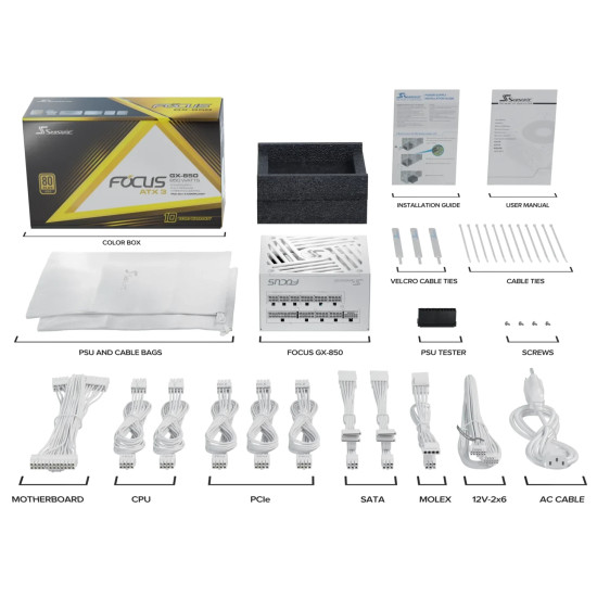 Захранване Seasonic PSU ATX 3.1 850W Gold, Full Modular, PCIe 5.1 - FOCUS-GX-850-V4-WHITE