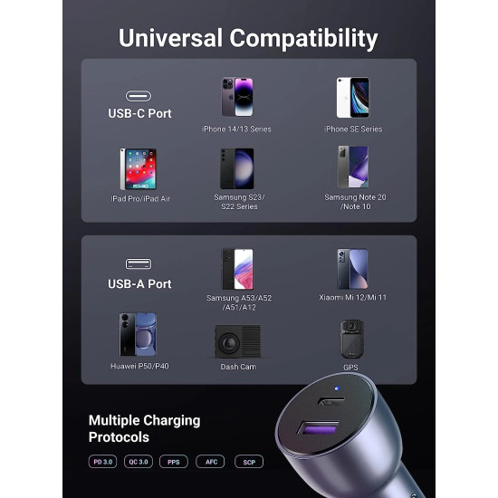 Зарядно Ugreen Fast Charger Car - Type-C + USB QC3.0, Power Distribution 52.5W CD213 - 60980