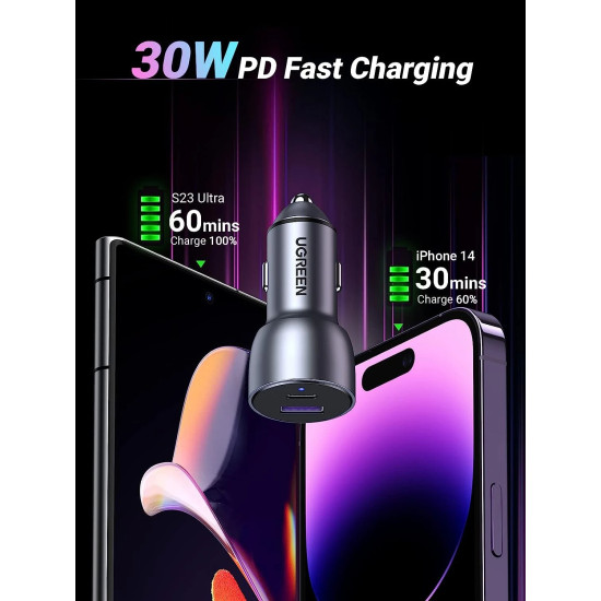 Зарядно Ugreen Fast Charger Car - Type-C + USB QC3.0, Power Distribution 52.5W CD213 - 60980