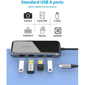 Докинг станция Vention Type-C Docking Station Power Distribution 3.0 87W - HDMI, Type-C x 1, USB3.0 x 2, USB 2.0 x 2, LAN, SD/TF, VGA - TFGHB
