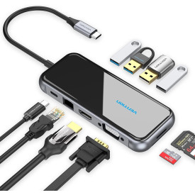 Докинг станция Vention Type-C Docking Station Power Distribution 3.0 87W - HDMI, Type-C x 1, USB3.0 x 2, USB 2.0 x 2, LAN, SD/TF, VGA - TFGHB