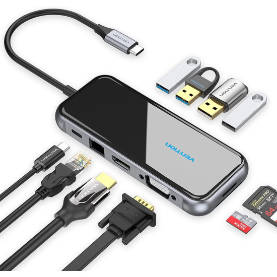 Докинг станция Vention Type-C Docking Station Power Distribution 3.0 87W - HDMI, Type-C x 1, USB3.0 x 2, USB 2.0 x 2, LAN, SD/TF, VGA - TFGHB
