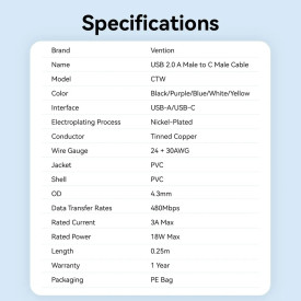 USB кабел Vention USB 2.0 AM / USB-C M 0.25m - CTWWC